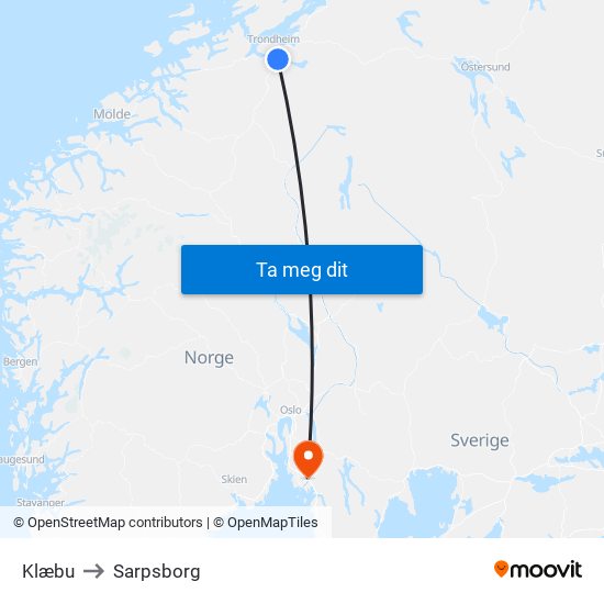 Klæbu to Sarpsborg map