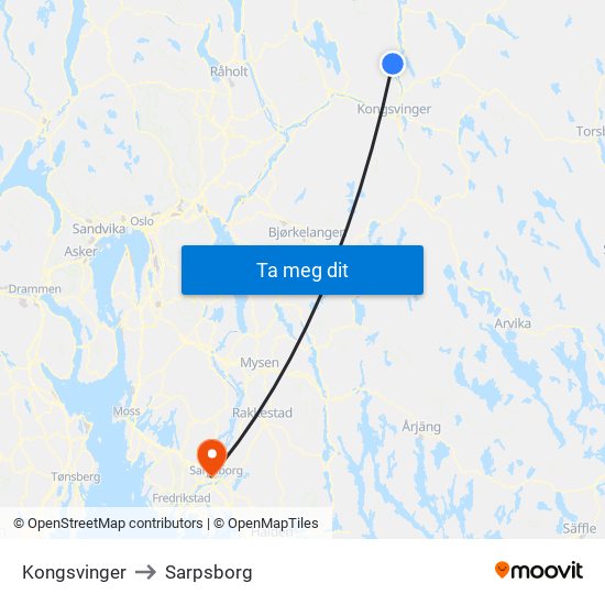 Kongsvinger to Sarpsborg map