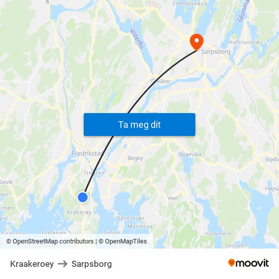 Kraakeroey to Sarpsborg map