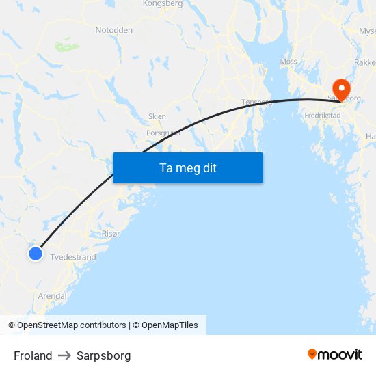 Froland to Sarpsborg map