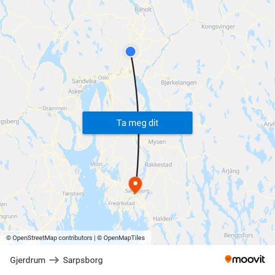 Gjerdrum to Sarpsborg map