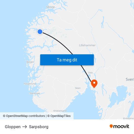 Gloppen to Sarpsborg map