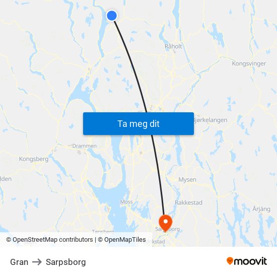 Gran to Sarpsborg map