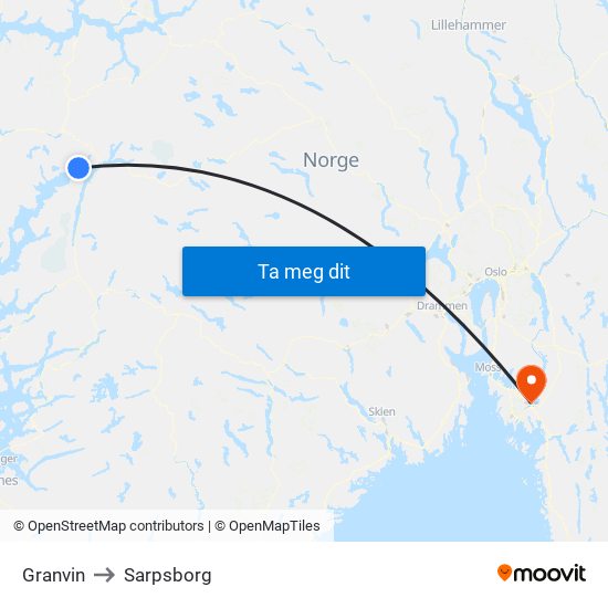 Granvin to Sarpsborg map