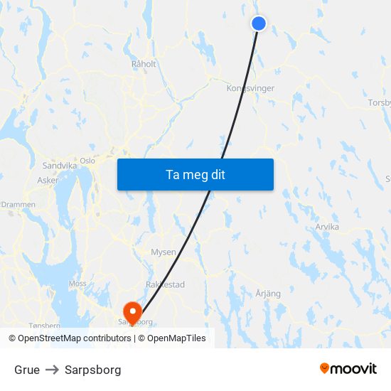 Grue to Sarpsborg map