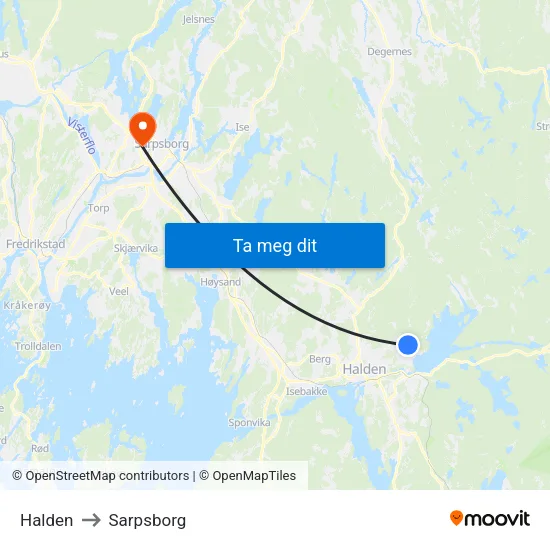 Halden to Sarpsborg map