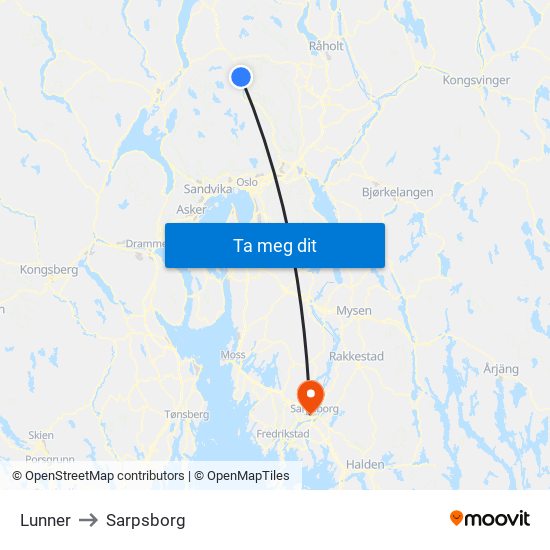 Lunner to Sarpsborg map