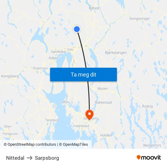 Nittedal to Sarpsborg map