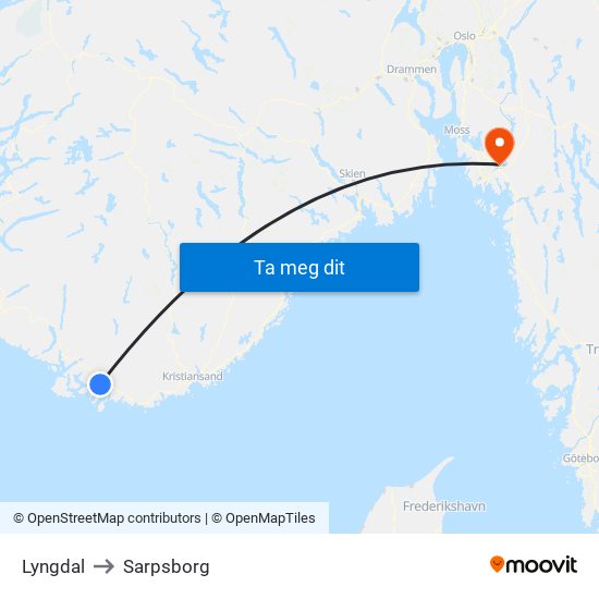 Lyngdal to Sarpsborg map