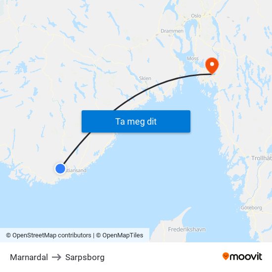 Marnardal to Sarpsborg map