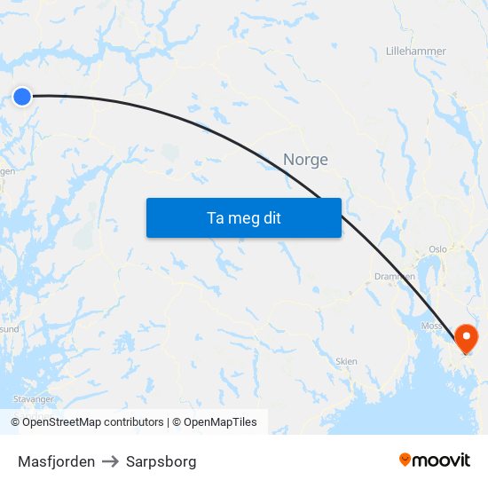 Masfjorden to Sarpsborg map