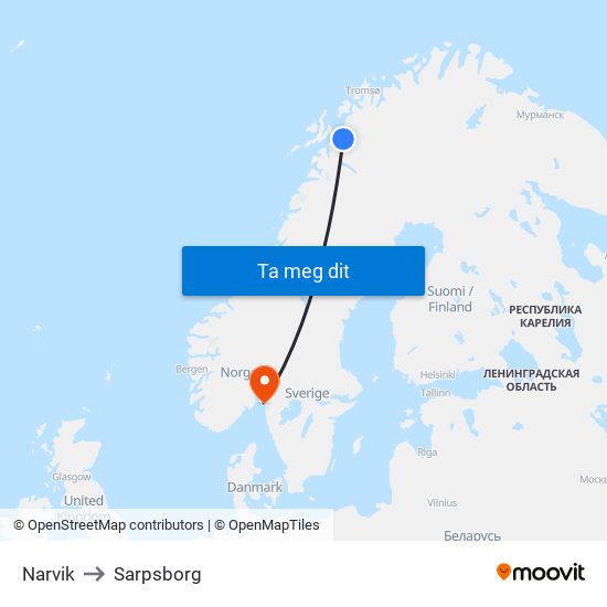 Narvik to Sarpsborg map