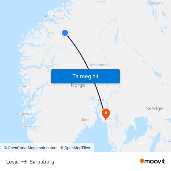 Lesja to Sarpsborg map