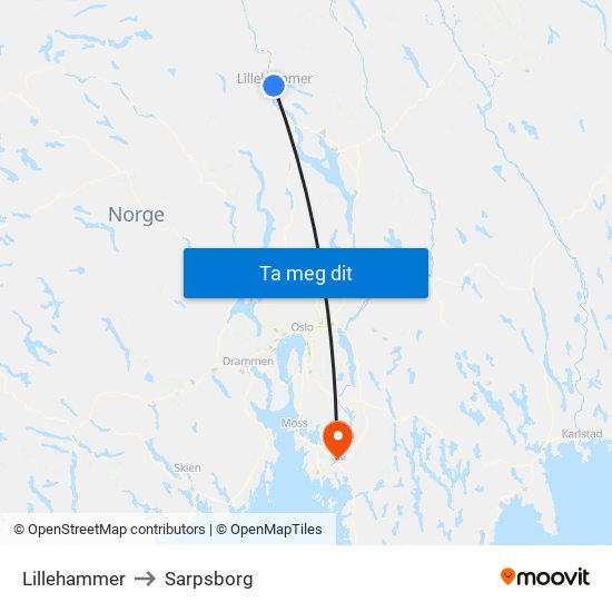 Lillehammer to Sarpsborg map