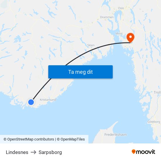 Lindesnes to Sarpsborg map