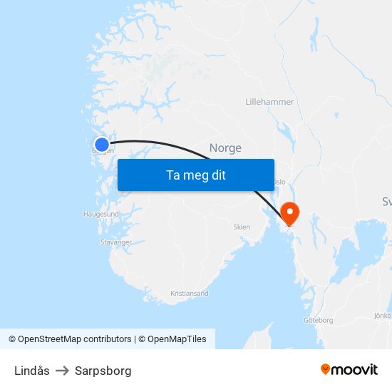 Lindås to Sarpsborg map