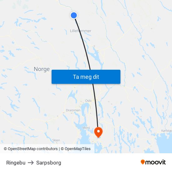 Ringebu to Sarpsborg map