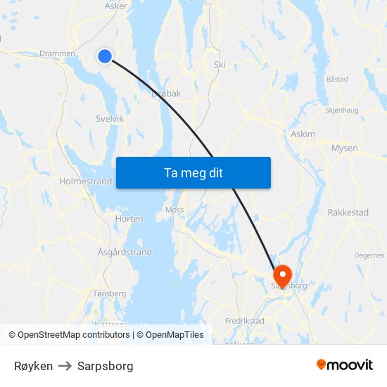 Røyken to Sarpsborg map