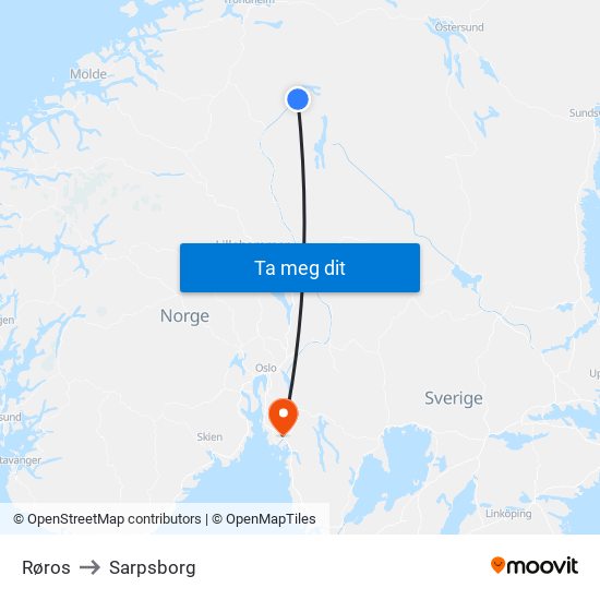 Røros to Sarpsborg map