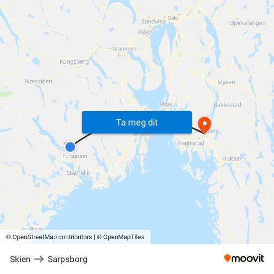 Skien to Sarpsborg map