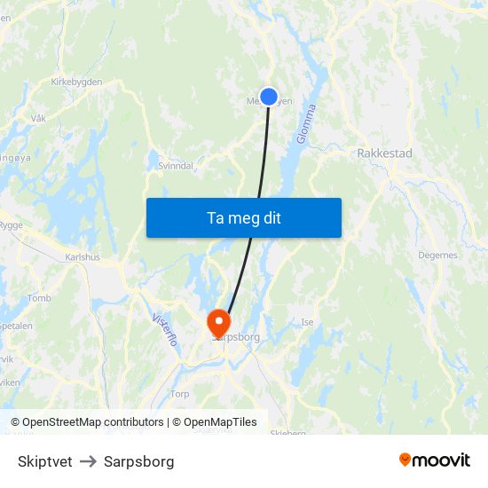 Skiptvet to Sarpsborg map