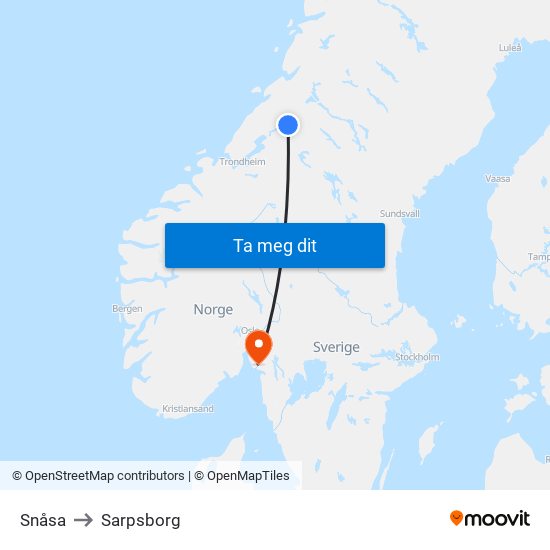 Snåsa to Sarpsborg map