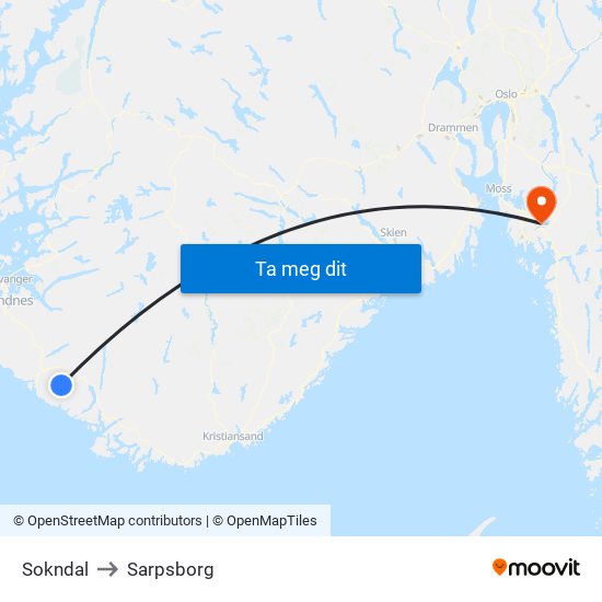 Sokndal to Sarpsborg map