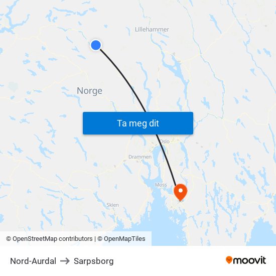 Nord-Aurdal to Sarpsborg map