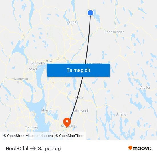 Nord-Odal to Sarpsborg map