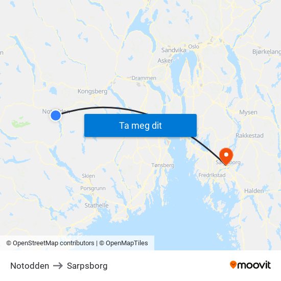 Notodden to Sarpsborg map