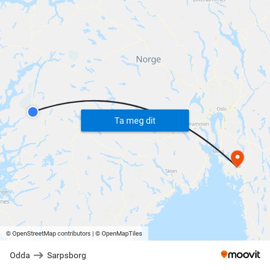 Odda to Sarpsborg map