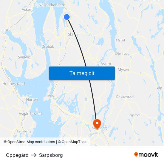 Oppegård to Sarpsborg map