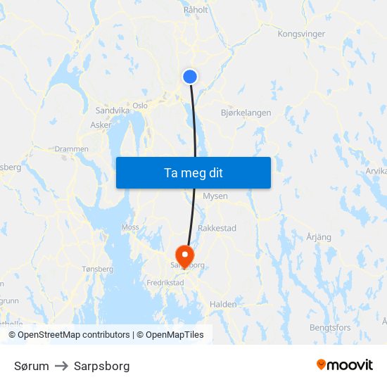 Sørum to Sarpsborg map
