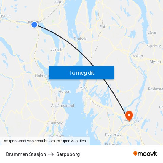 Drammen Stasjon to Sarpsborg map
