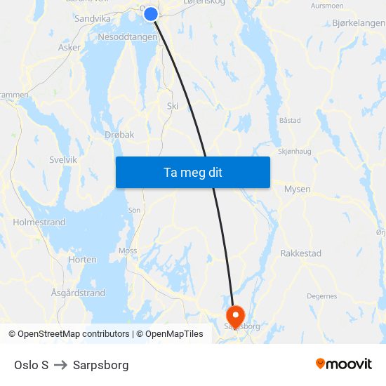 Oslo S to Sarpsborg map