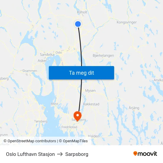 Oslo Lufthavn Stasjon to Sarpsborg map