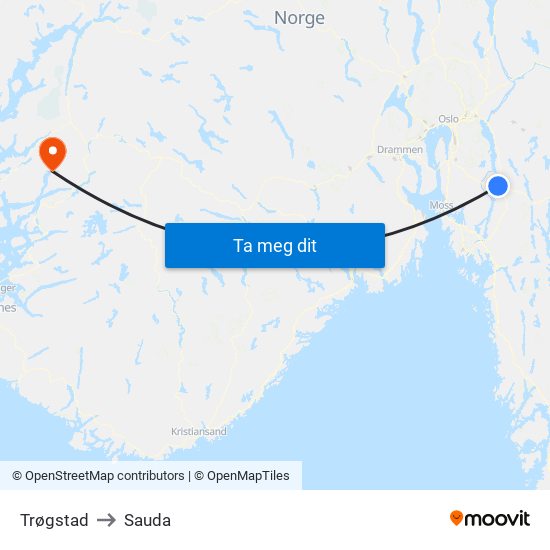 Trøgstad to Sauda map