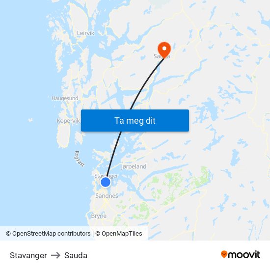 Stavanger to Sauda map