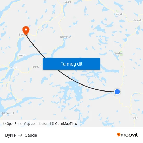 Bykle to Sauda map