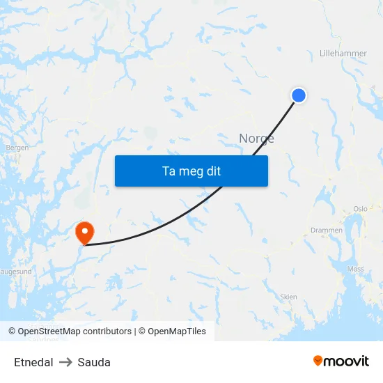 Etnedal to Sauda map