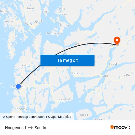 Haugesund to Sauda map