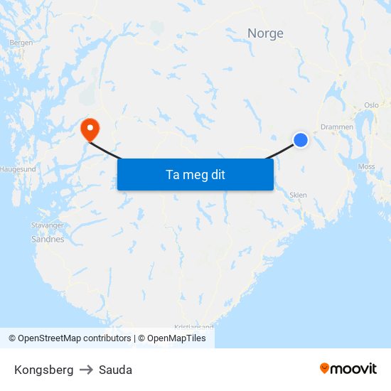 Kongsberg to Sauda map