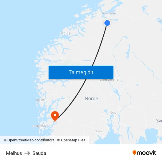 Melhus to Sauda map