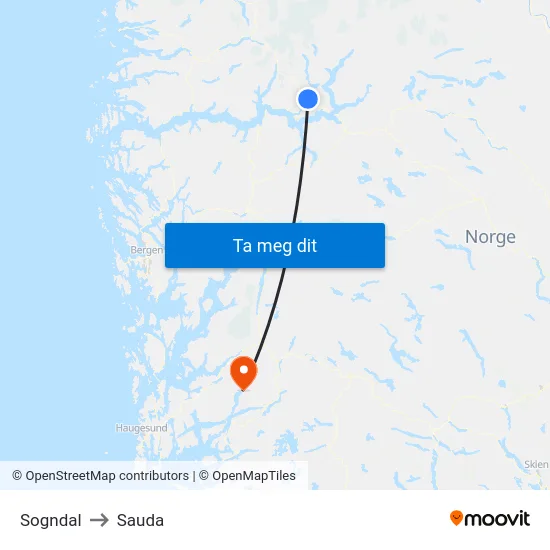 Sogndal to Sauda map