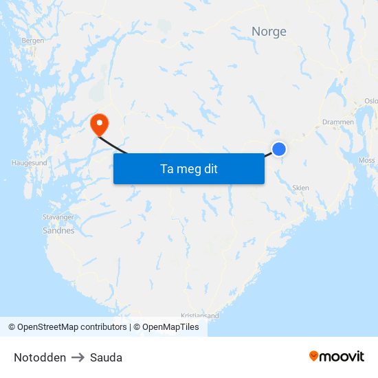 Notodden to Sauda map