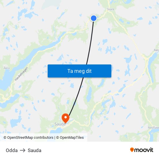 Odda to Sauda map