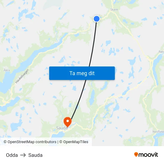 Odda to Sauda map