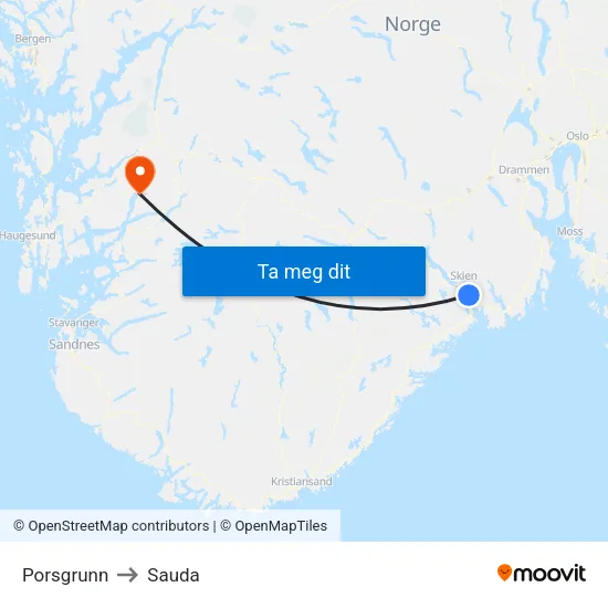 Porsgrunn to Sauda map