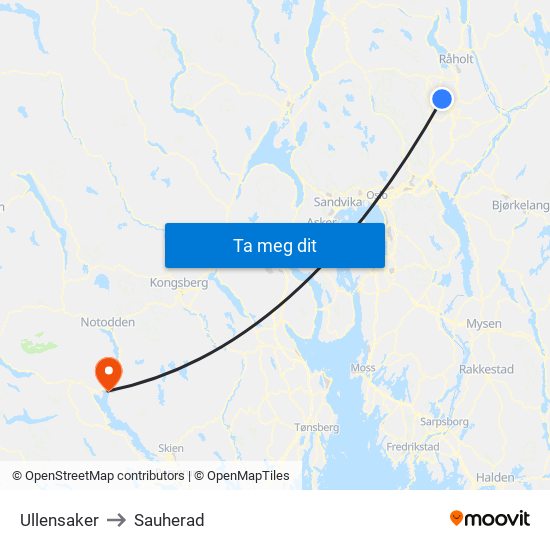 Ullensaker to Sauherad map