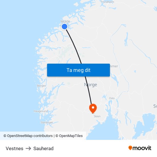 Vestnes to Sauherad map